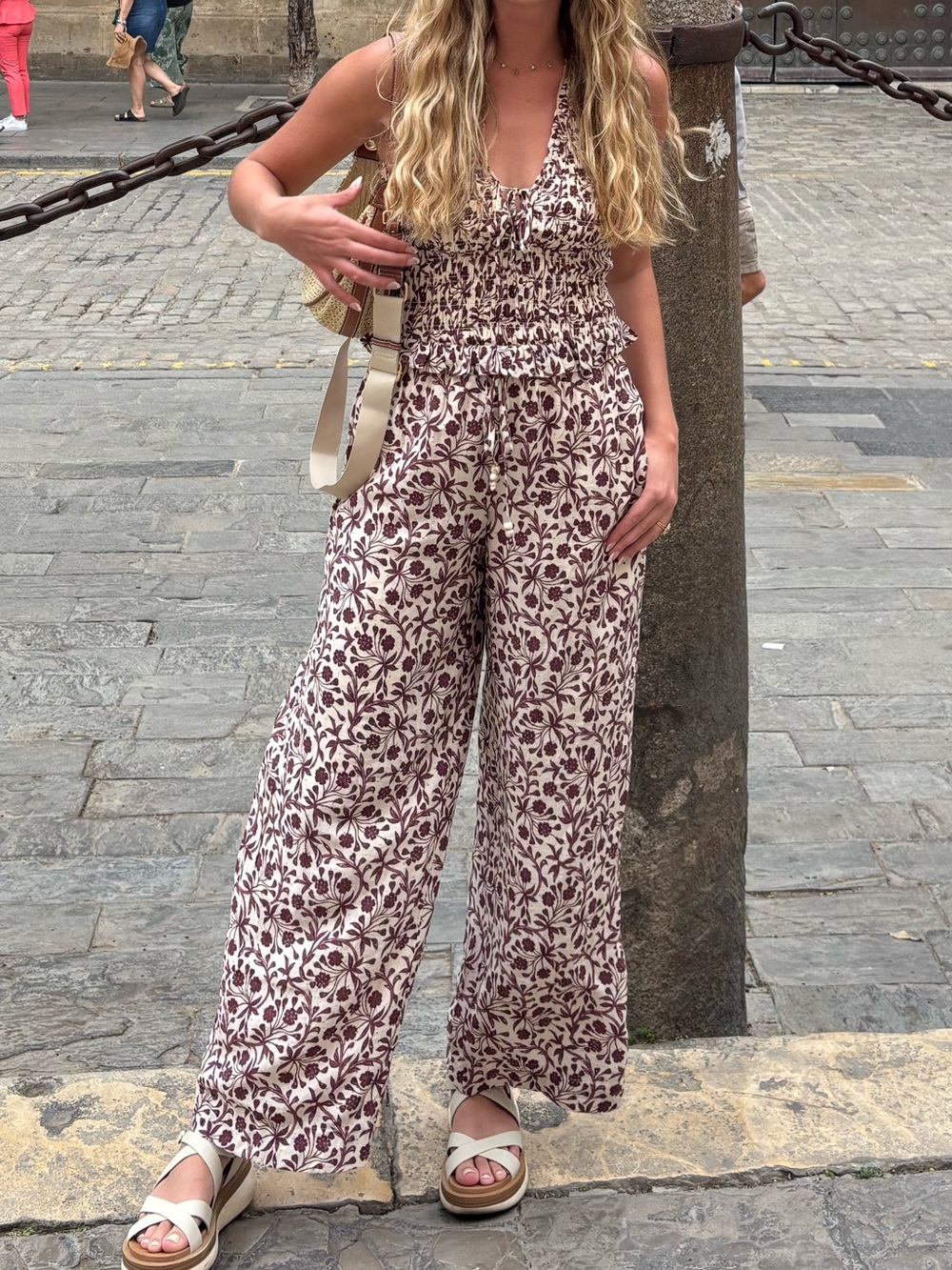 Abercrombie & Fitch Cream and Wine Smocked 2 piece set top and pants